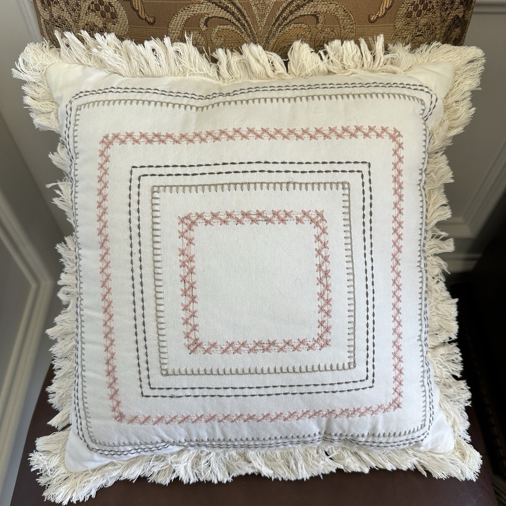 Modern Dreams Throw Pillow 16x16 Inch Cross Stitch Embroidered Geometric White